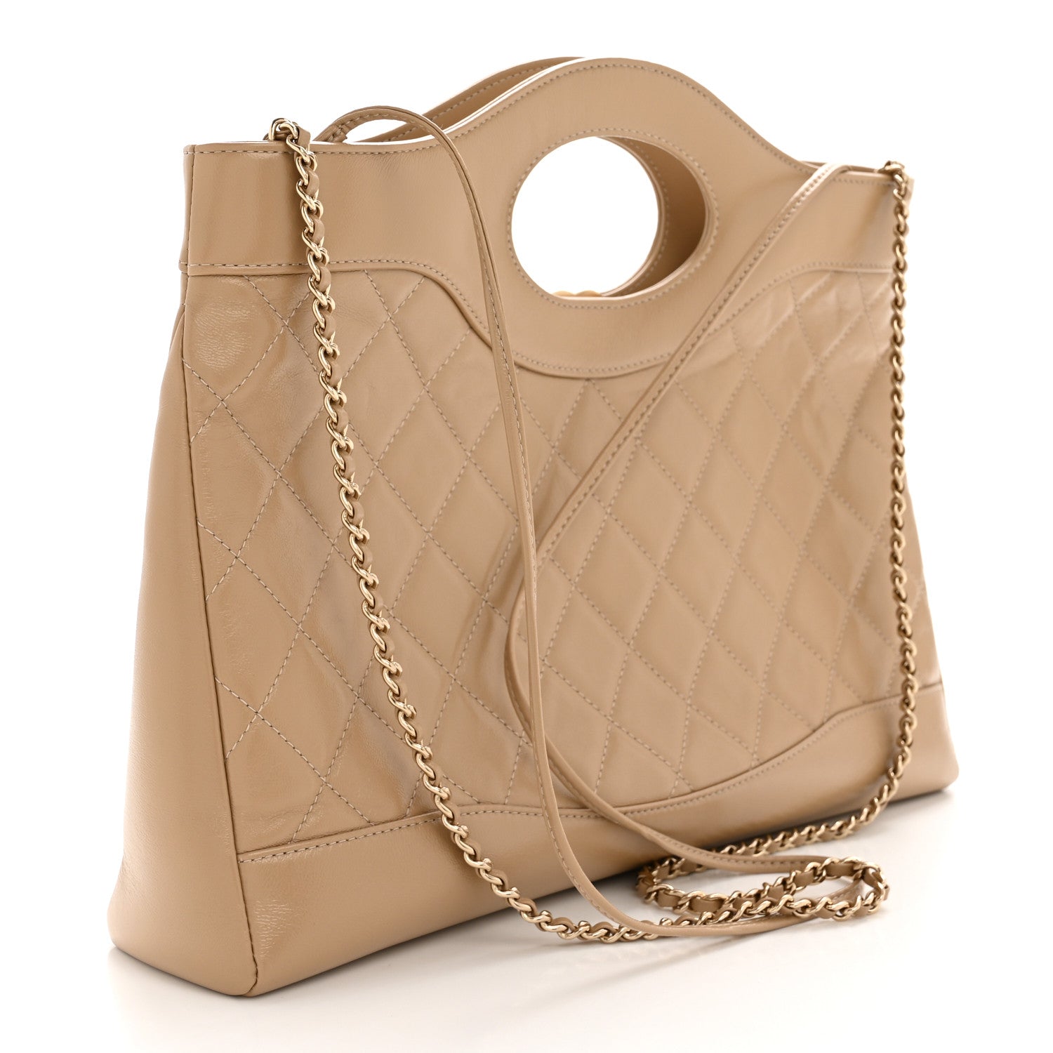 Chanel Shiny Crumpled Calfskin Quilted 31 Shopping Bag Dark Beige