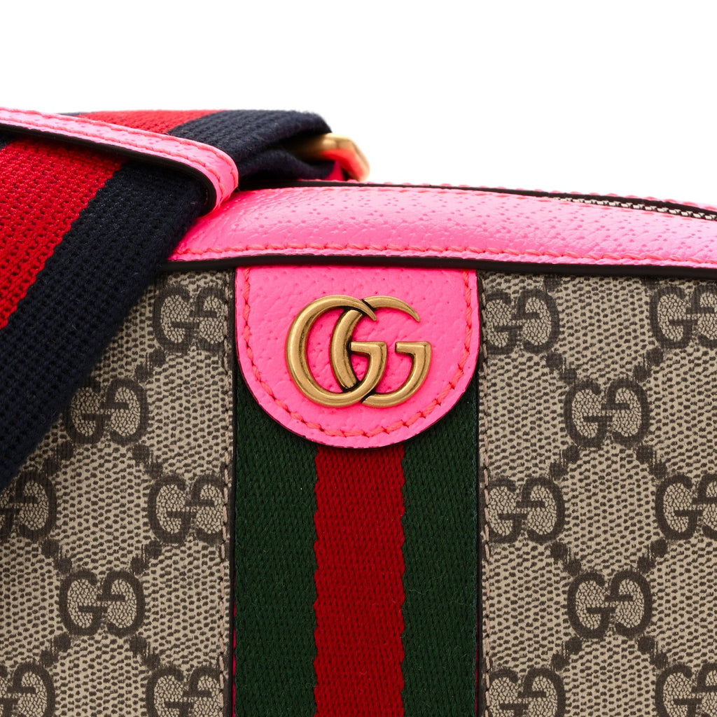 Gucci GG Supreme Monogram Textured Dollar Calfskin Web Ophidia Small Crossbody Bag Beige Ebony Fuchsia