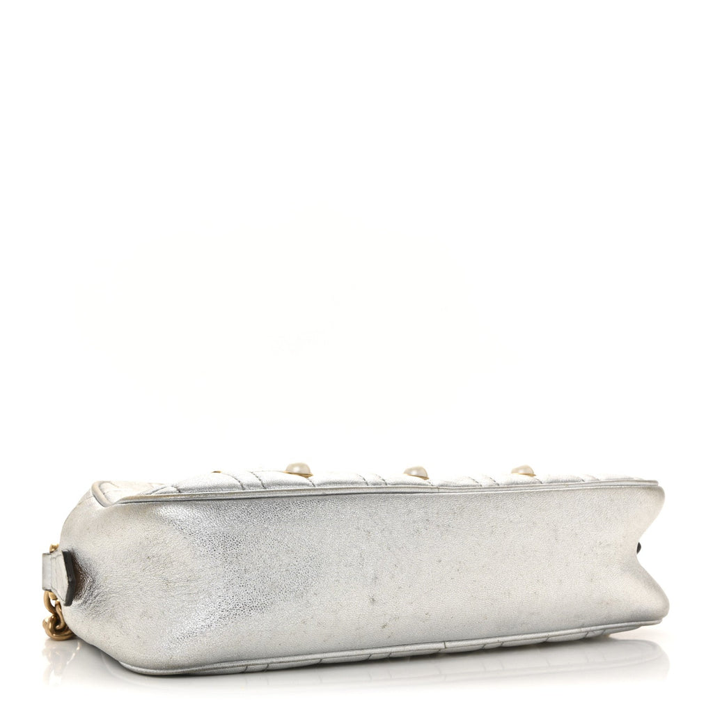 Gucci Metallic Calfskin Matelasse Studded Small Pearly GG Marmont Chain Shoulder Bag Silver