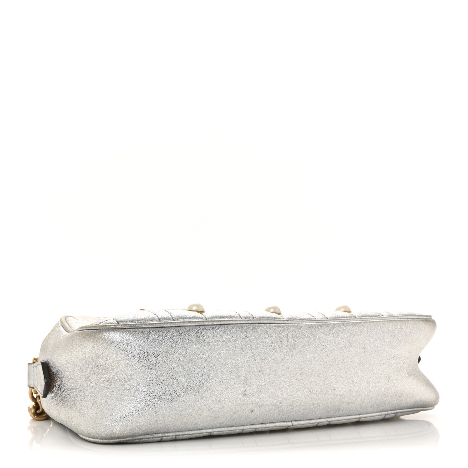 Gucci Metallic Calfskin Matelasse Studded Small Pearly GG Marmont Chain Shoulder Bag Silver