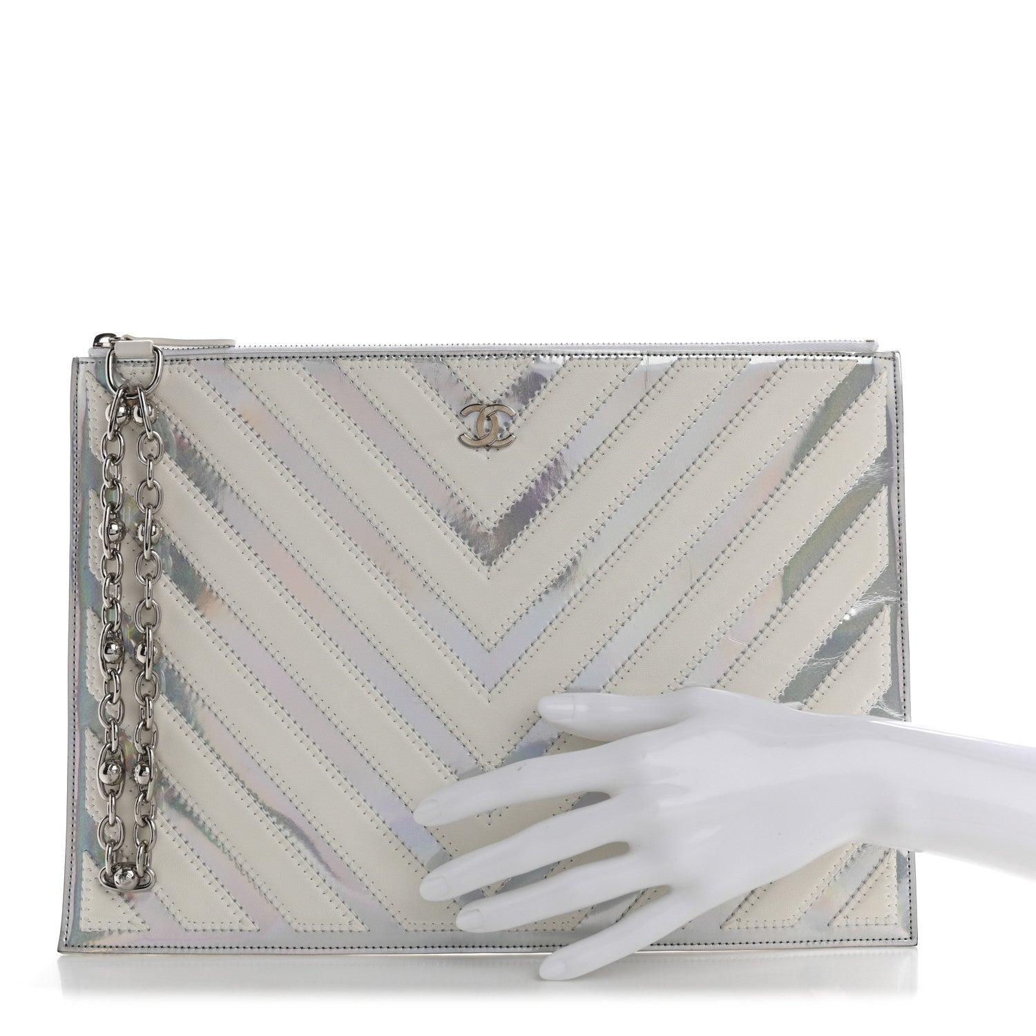 Lambskin Metallic Chevron Zip Pouch White Silver