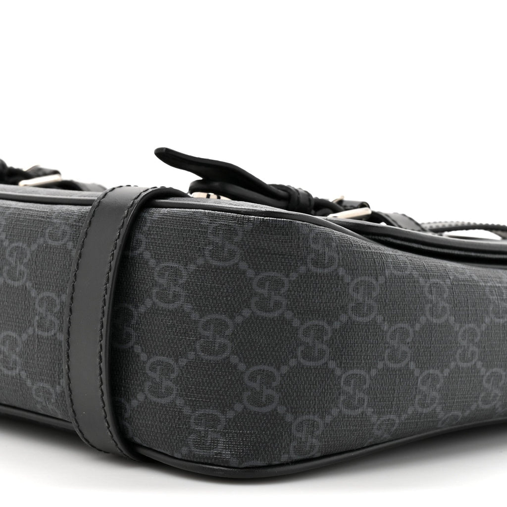 Gucci GG Supreme Monogram Textured Dollar Calfskin Retro Interlocking G Flap Messenger Bag Black