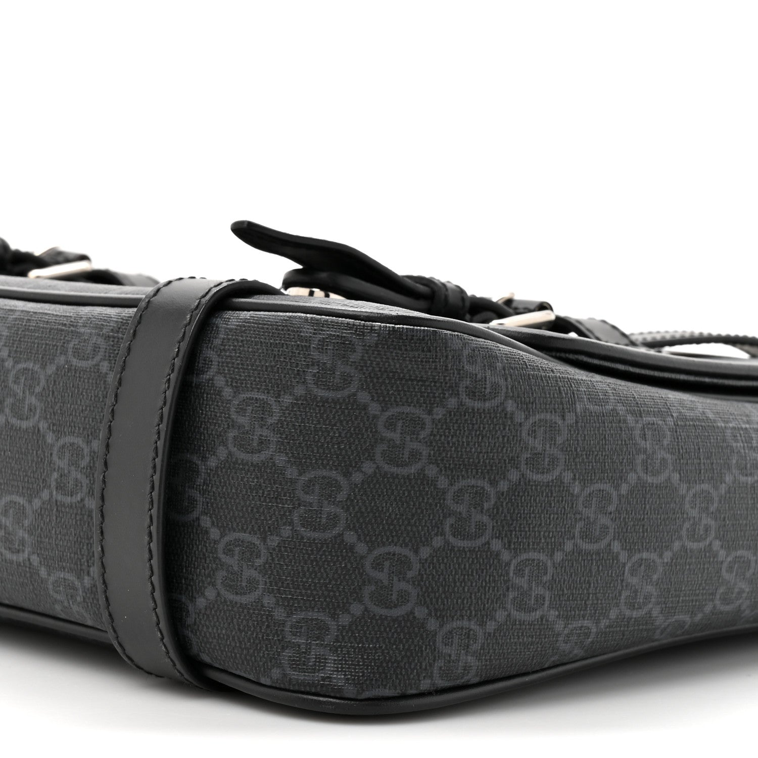 Gucci GG Supreme Monogram Textured Dollar Calfskin Retro Interlocking G Flap Messenger Bag Black