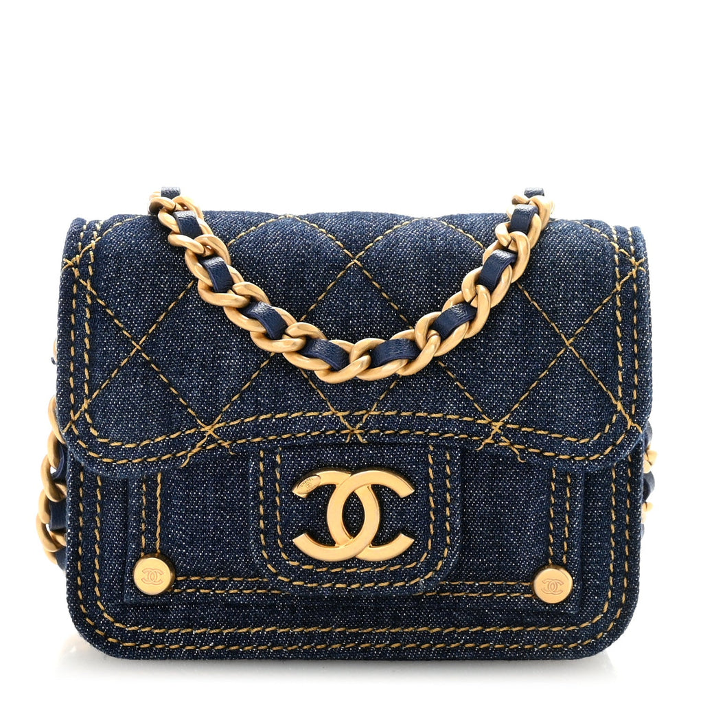 Chanel Denim Quilted Double You Card Holder On Chain Blue