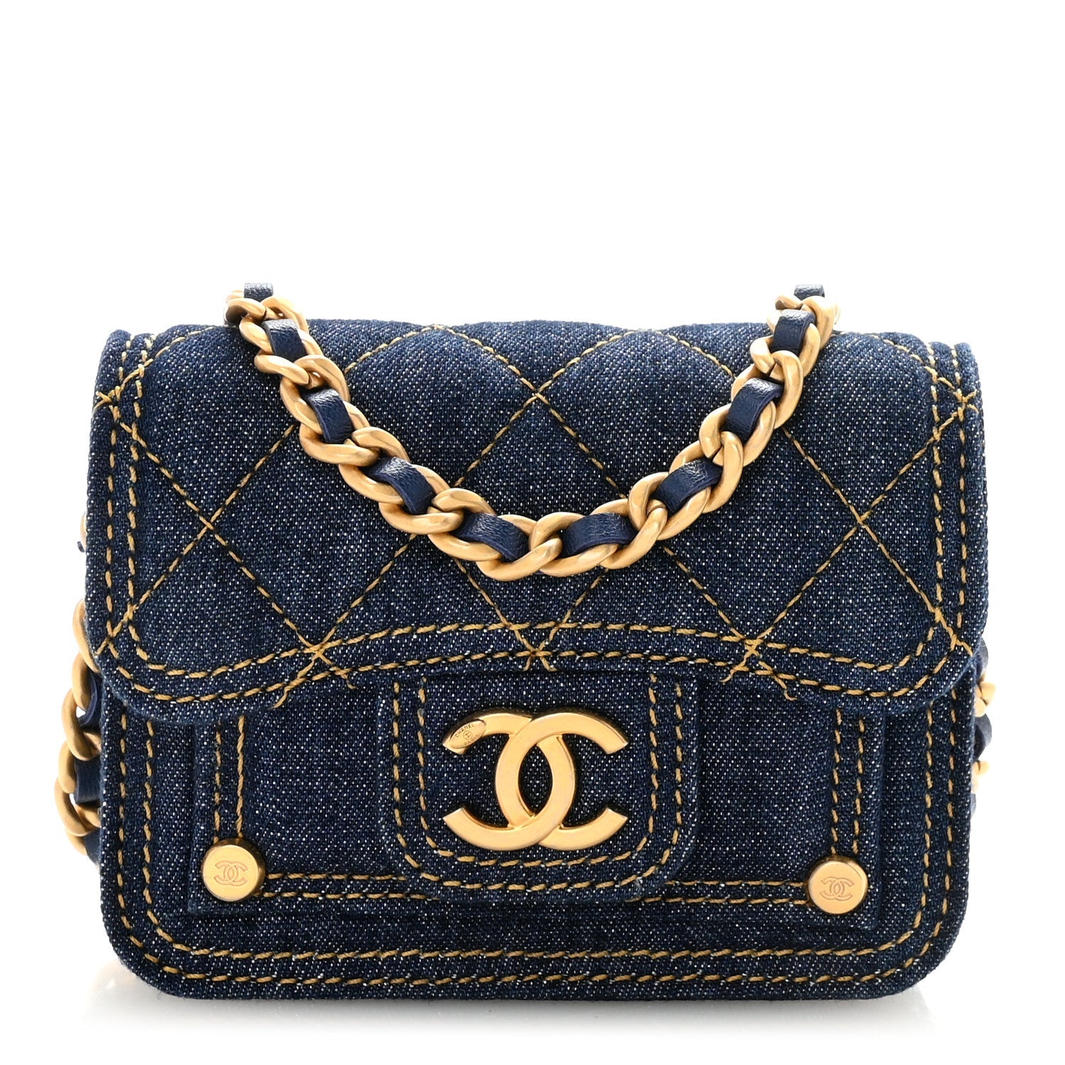 Chanel Denim Quilted Double You Card Holder On Chain Blue