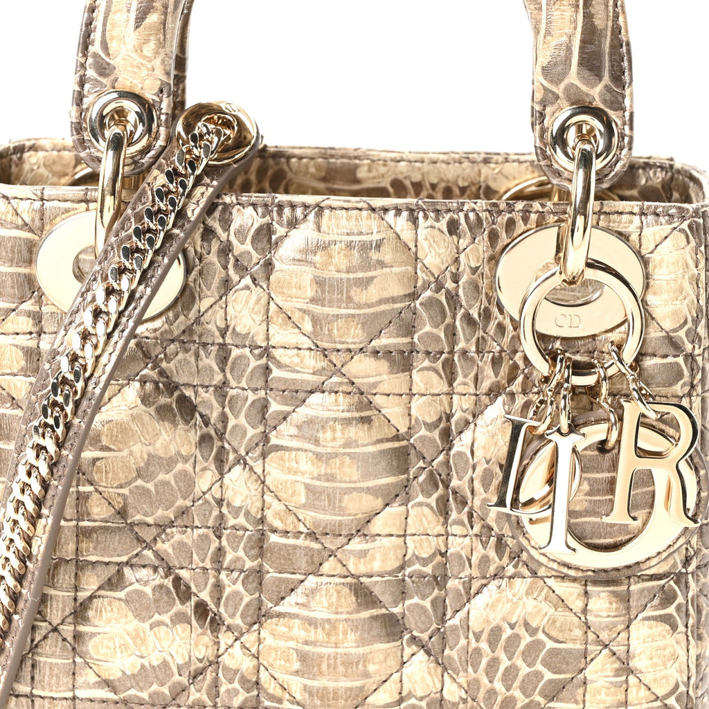Christian Dior Metallic Snakeskin Cannage Mini Lady Dior Beige