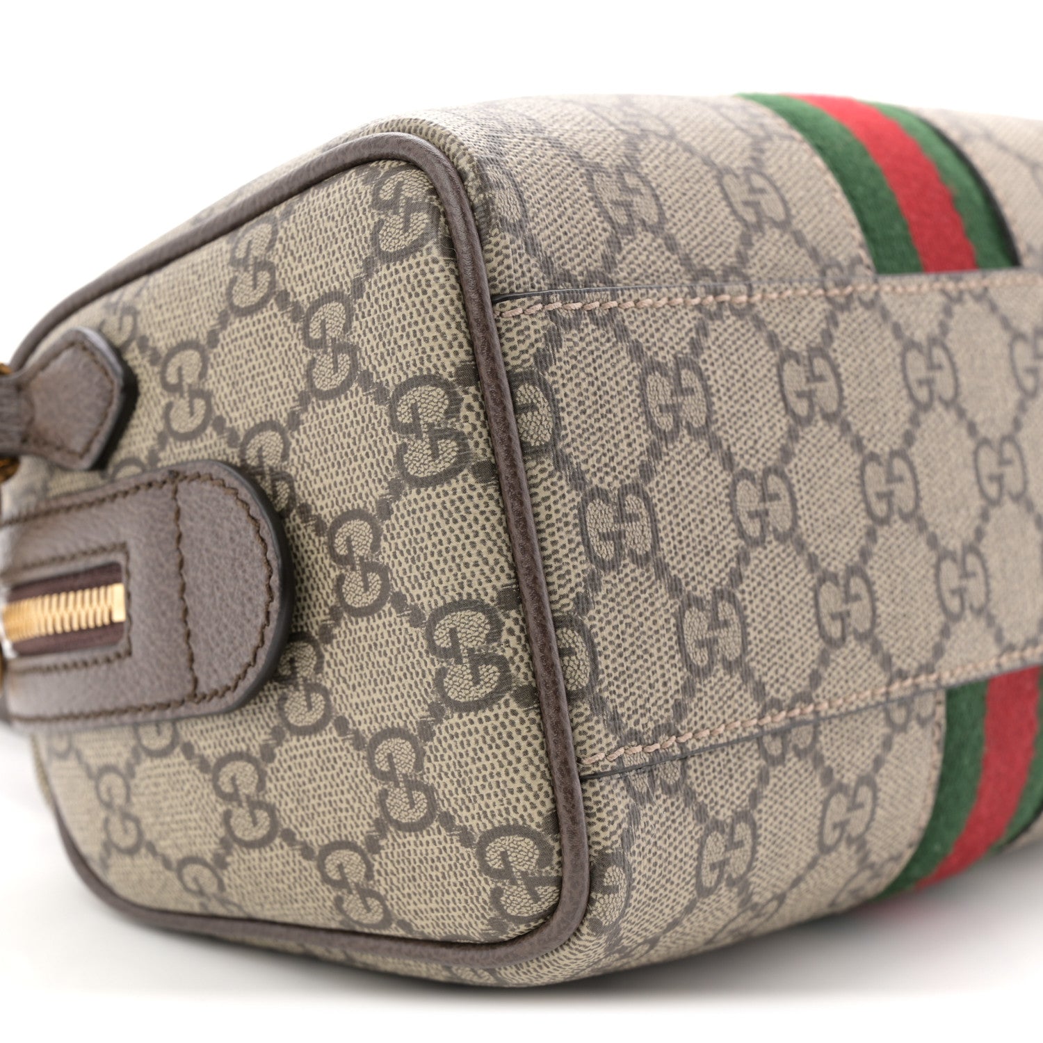 Gucci GG Supreme Monogram Textured Dollar Calfskin Web Mini Ophidia Top Handle Bag Beige Ebony New Acero