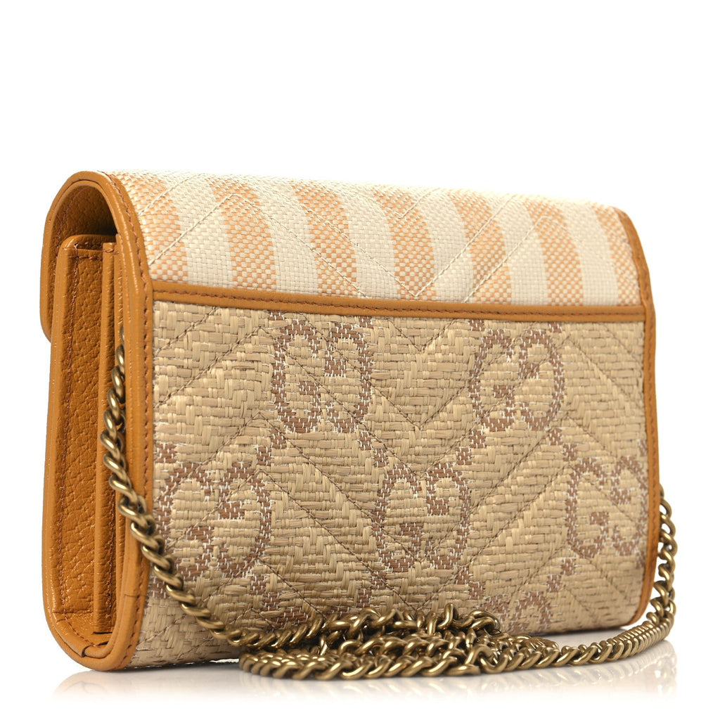 Gucci Raffia GG Monogram Matelasse GG Marmont Chain Wallet Natural Beige Off White Sun Oil