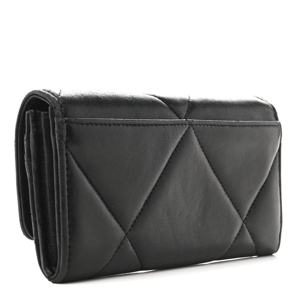 Chanel Shiny Goatskin Quilted Chanel 19 Flap Wallet Black