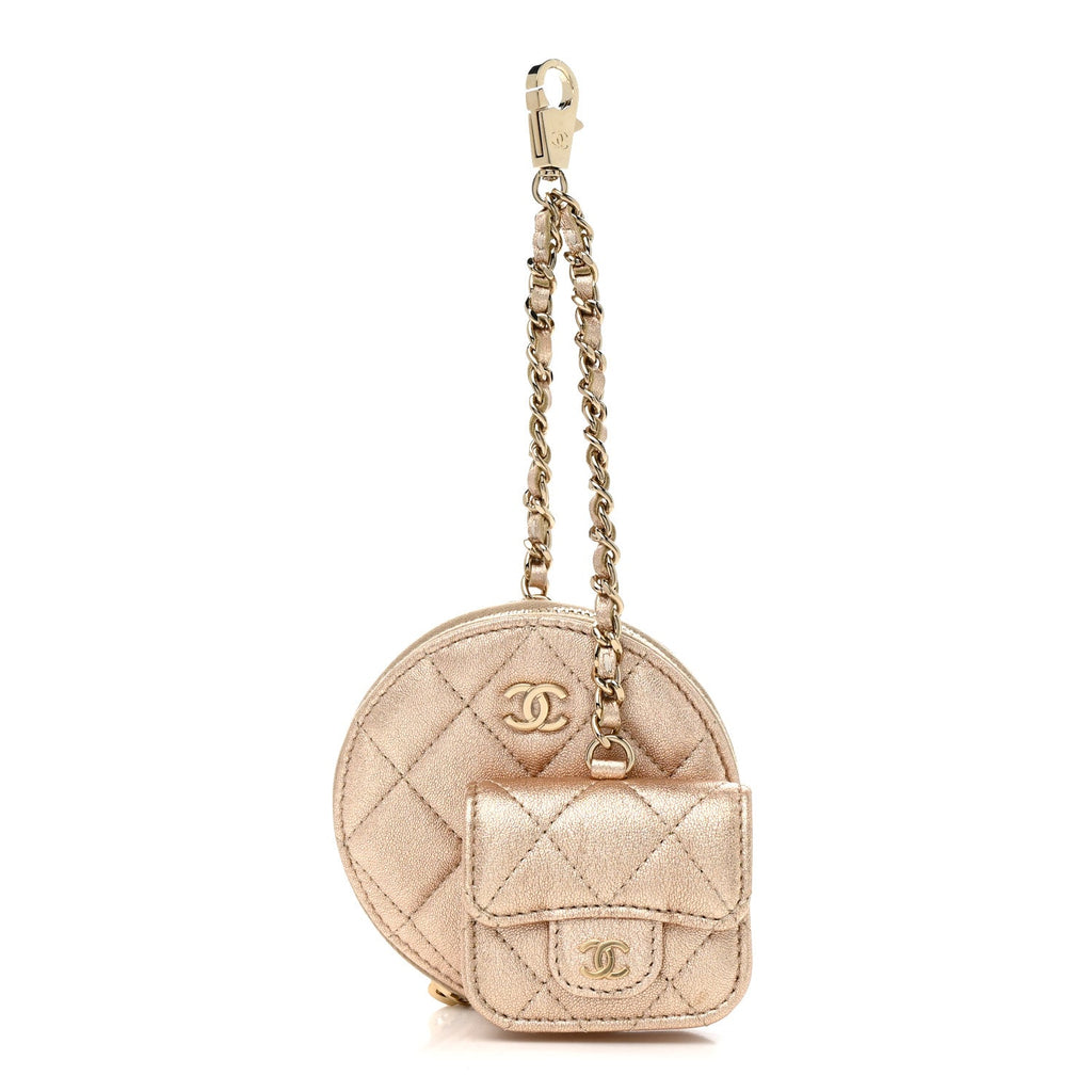 Metallic Lambskin Quilted Round Clip On Coin Purse Airpods Case Gold
