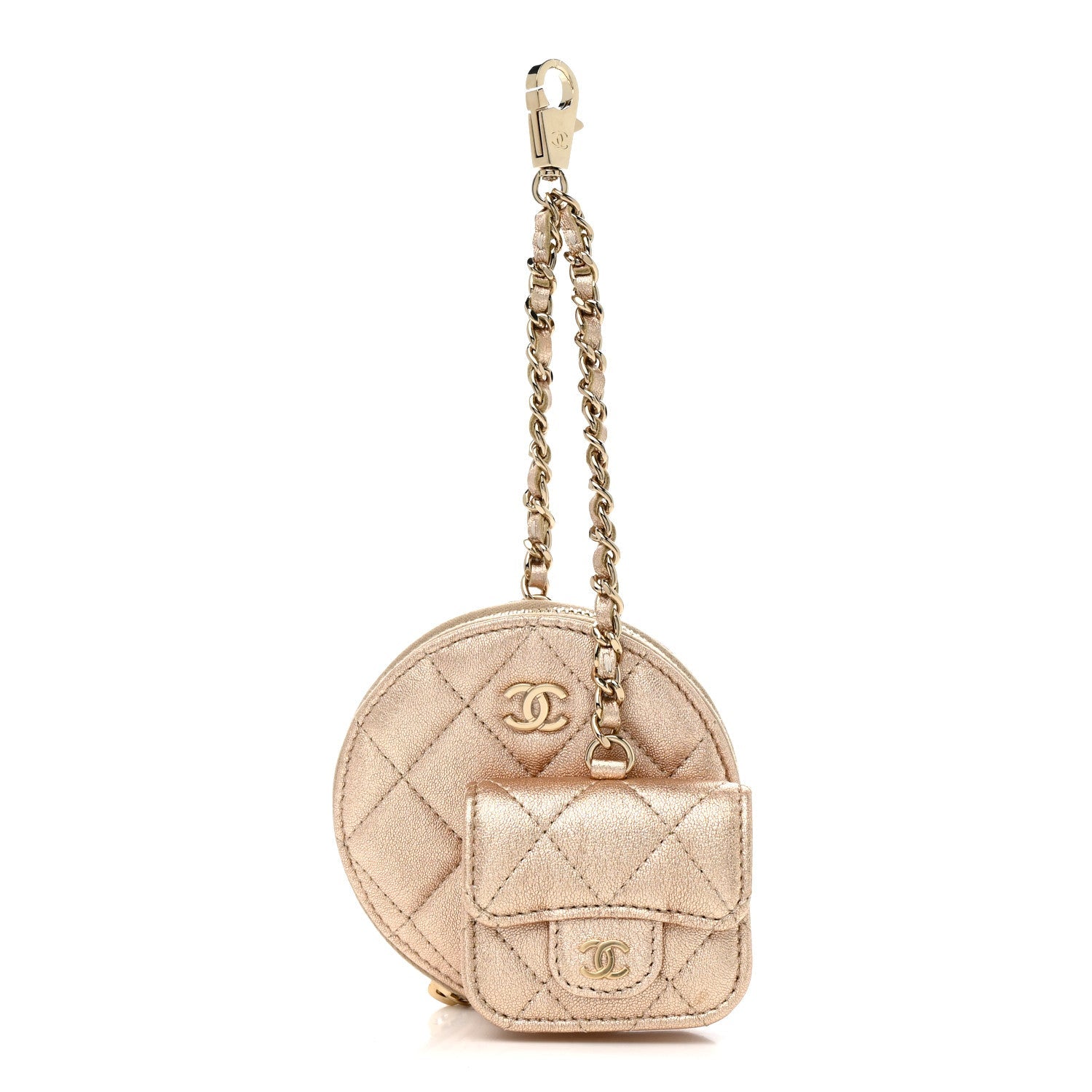 Metallic Lambskin Quilted Round Clip On Coin Purse Airpods Case Gold