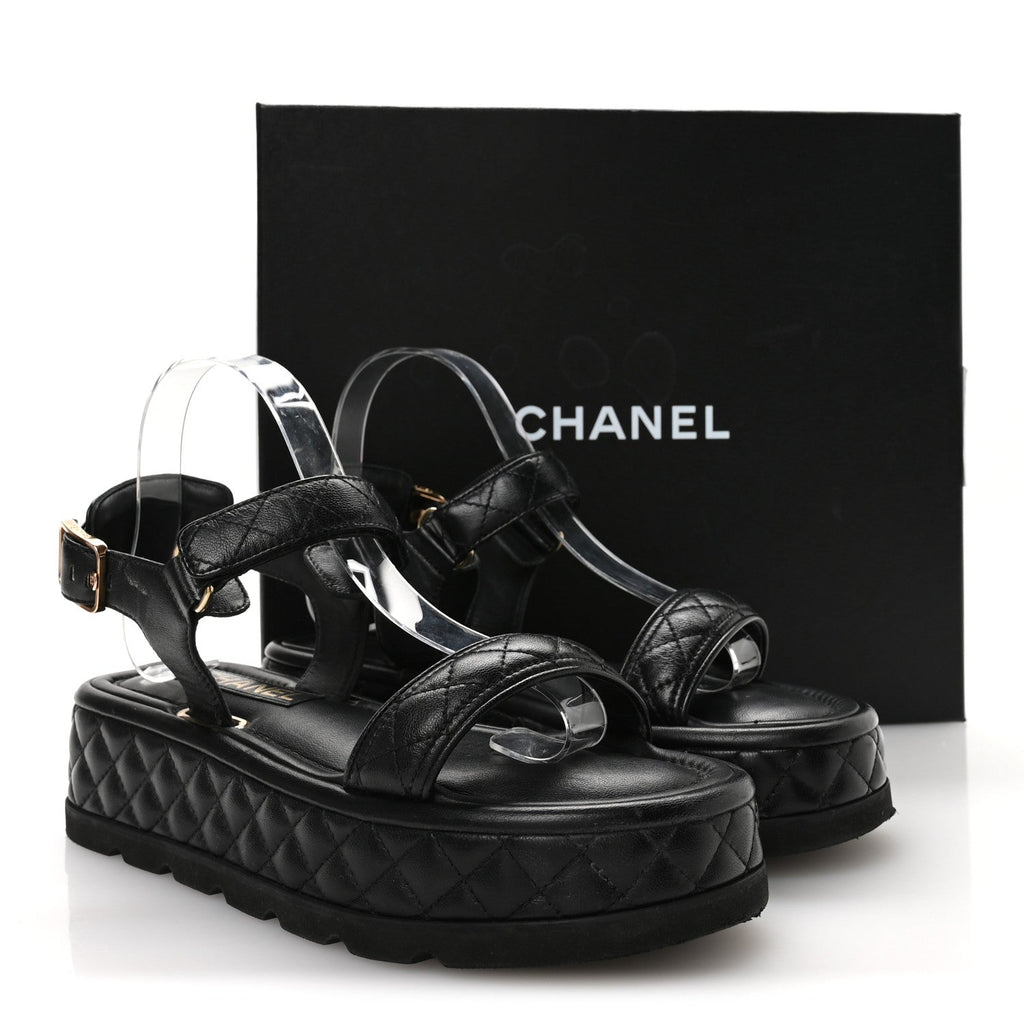 Lambskin Quilted Platform Sandals 38 Black
