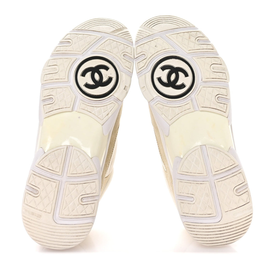 Chanel Suede Calfskin Fabric CC Sneakers 37.5 White