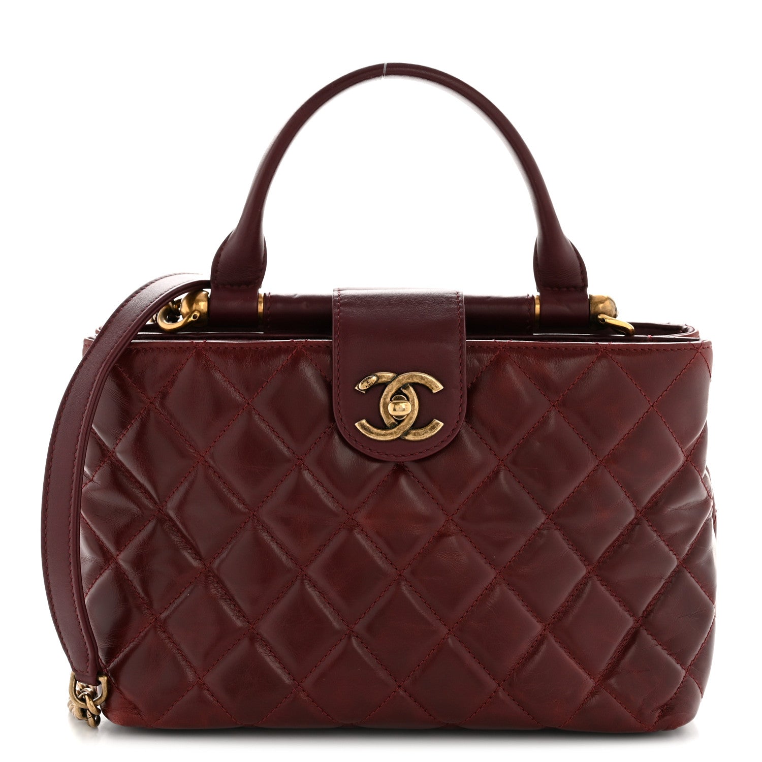 Chanel Glazed Calfskin Quilted Small Gold Bar Tote Red