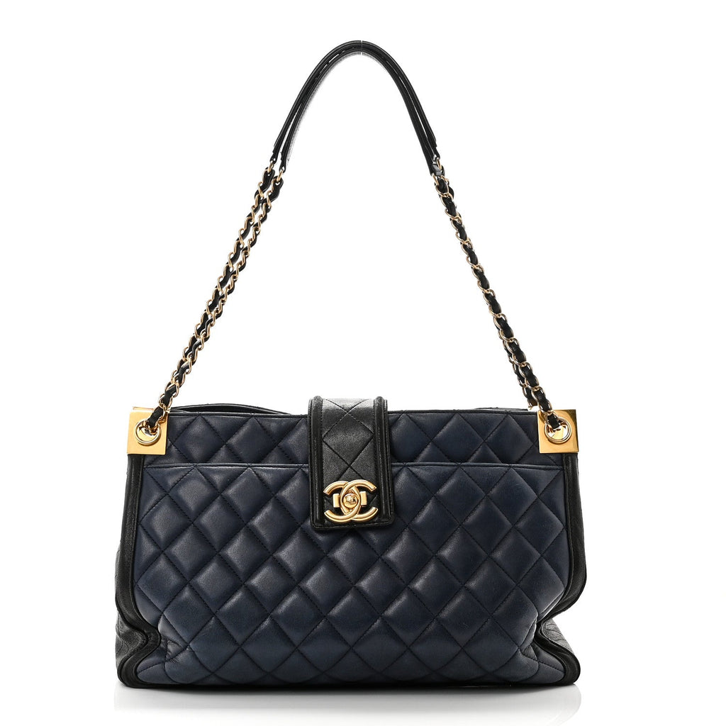 Chanel Lambskin Quilted Elegant CC Shopping Tote Navy Black