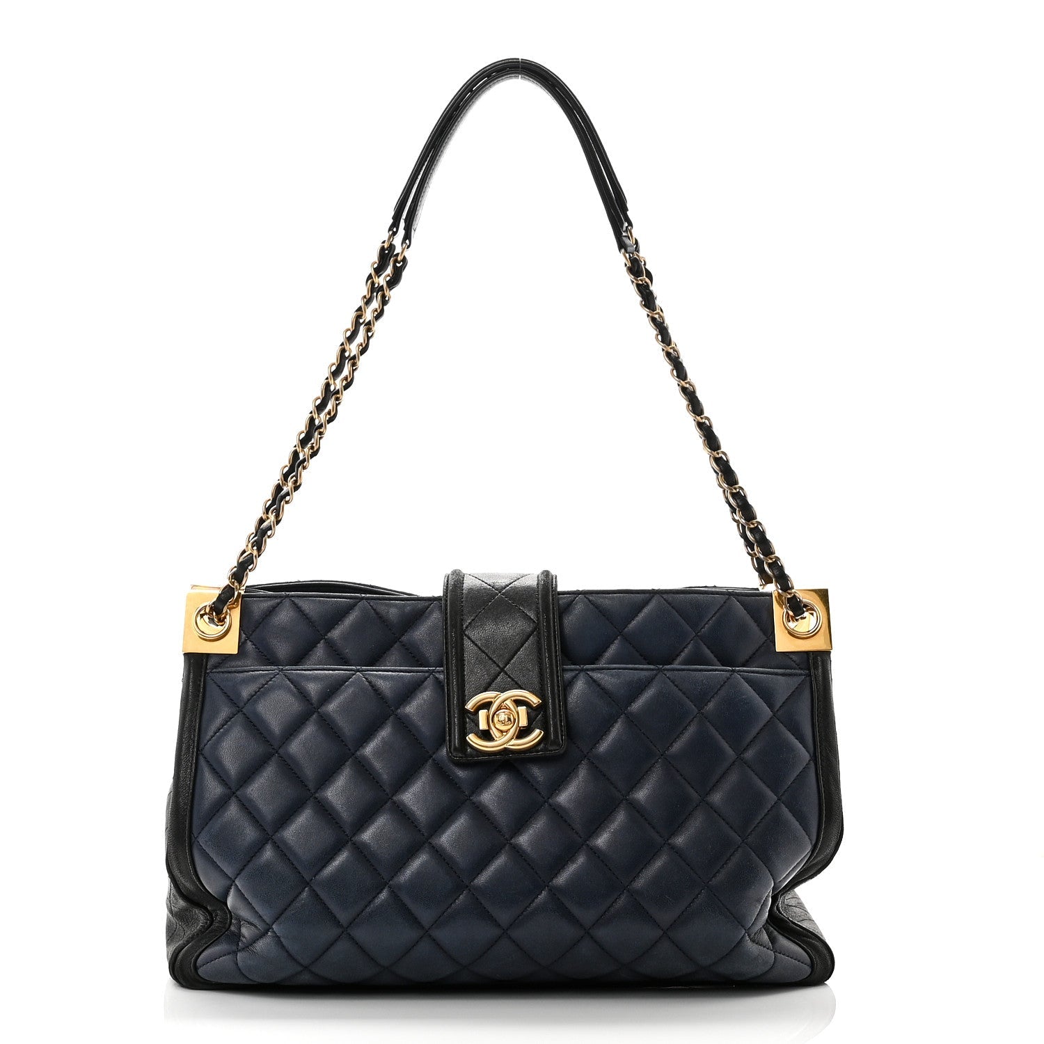 Chanel Lambskin Quilted Elegant CC Shopping Tote Navy Black