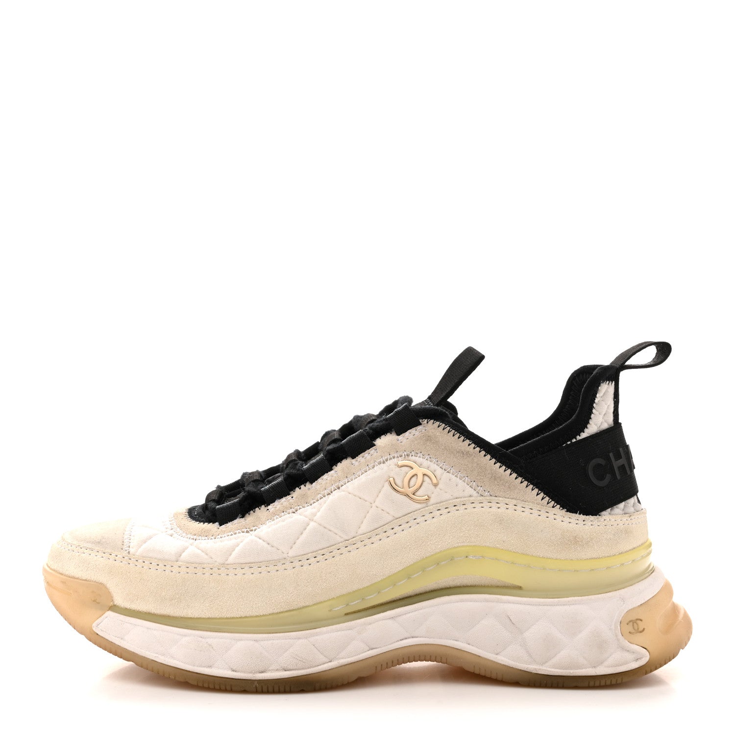 Chanel Velvet Calfskin Mixed Fibers CC Sneakers 36 Ivory Black