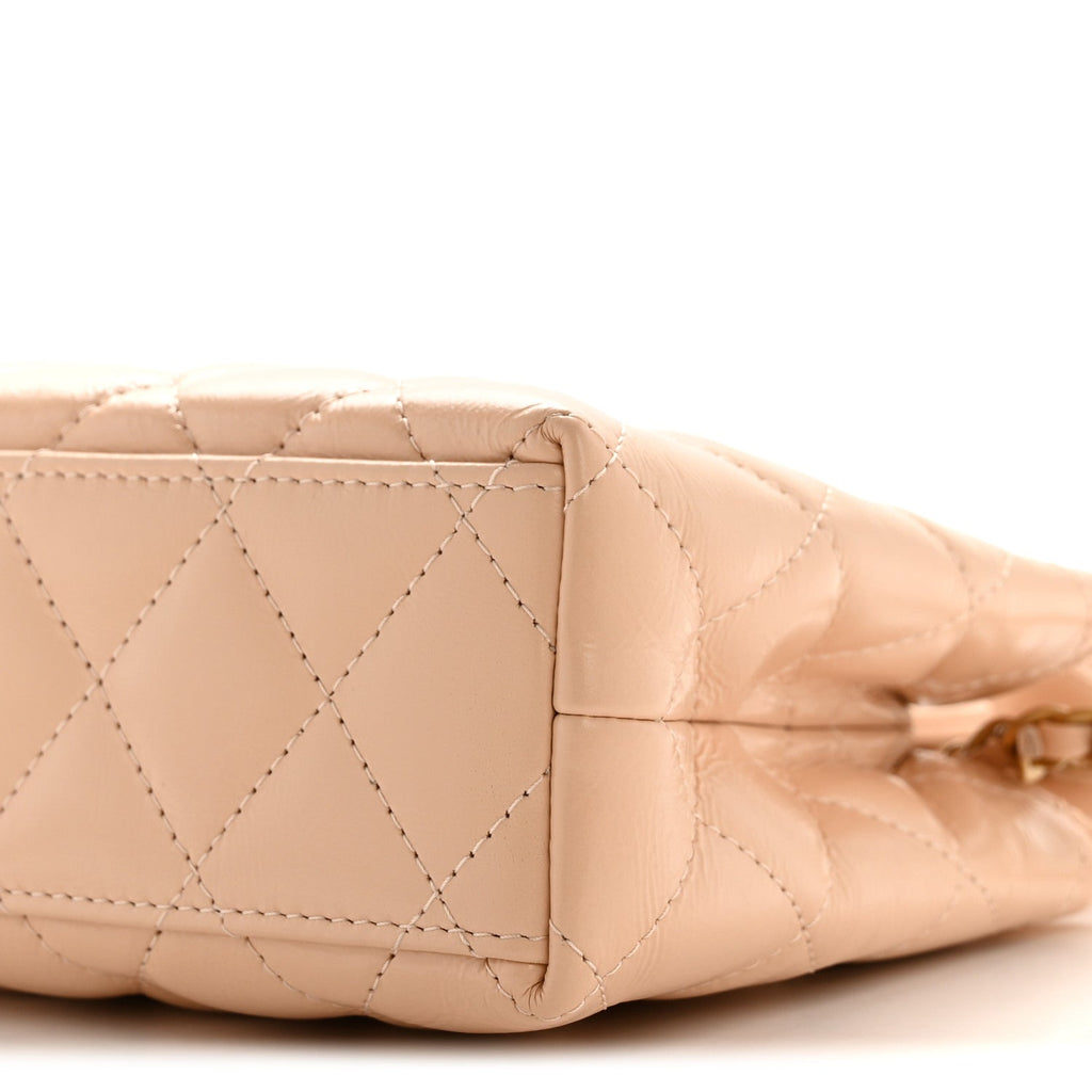 Chanel Shiny Aged Calfskin Quilted Nano Kelly Shopper Beige