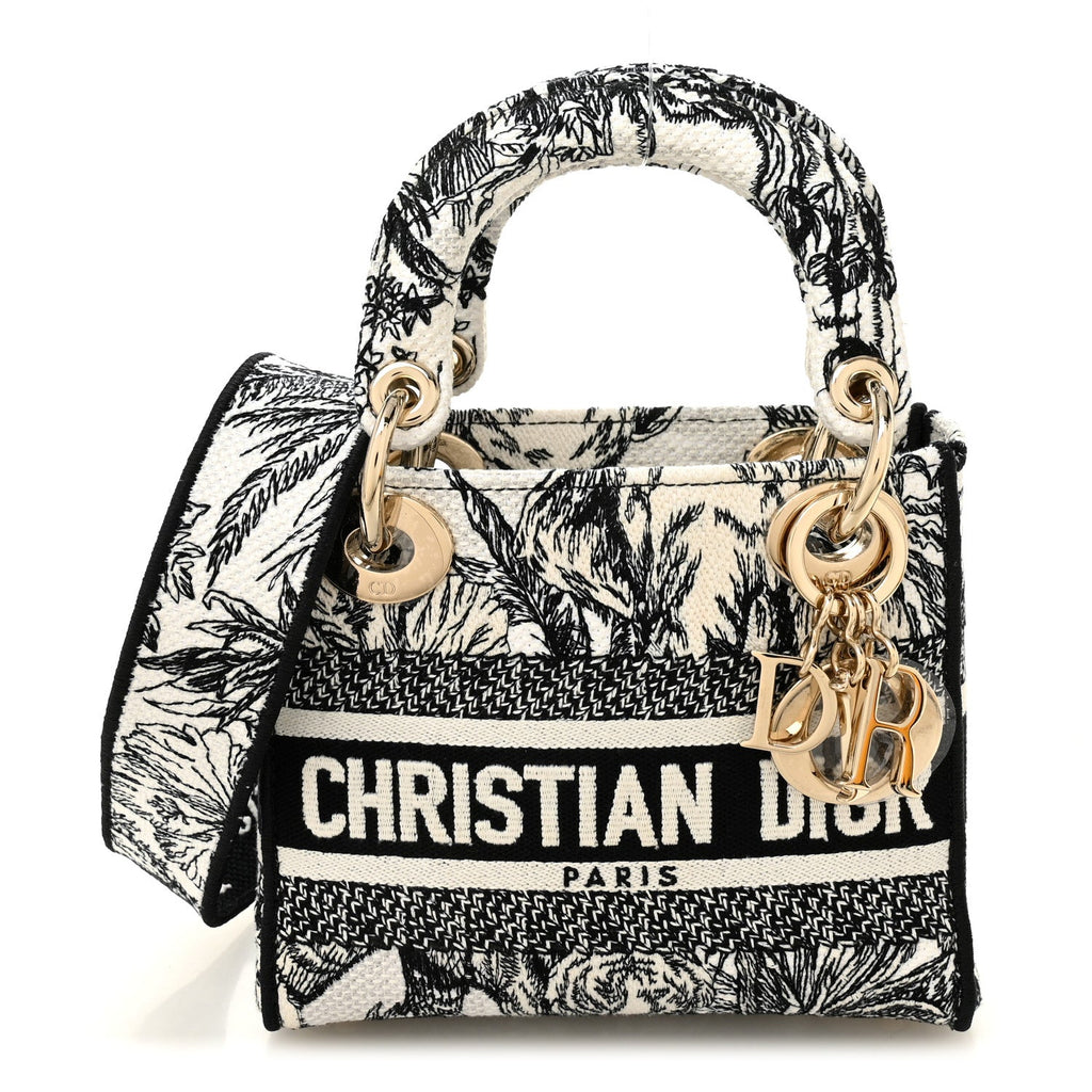 Christian Dior Canvas Embroidered Toile De Jouy Mini Lady D-Lite White Black