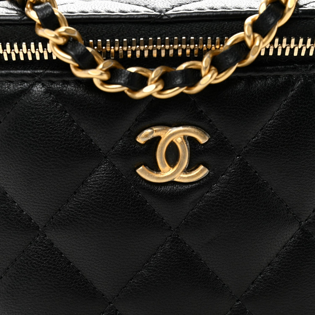 Chanel Lambskin Quilted Mini Pearl Crush Vanity Case With Chain Black