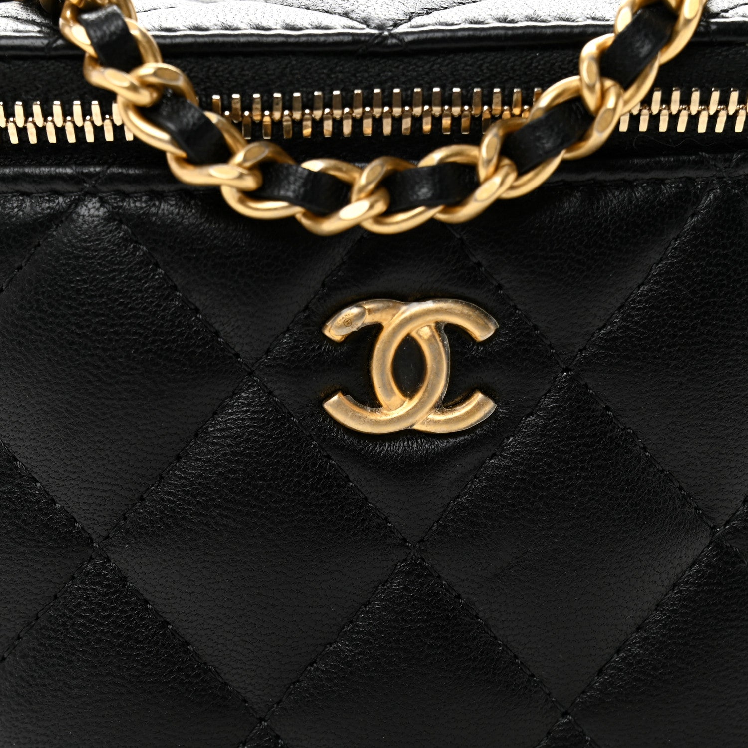 Chanel Lambskin Quilted Mini Pearl Crush Vanity Case With Chain Black