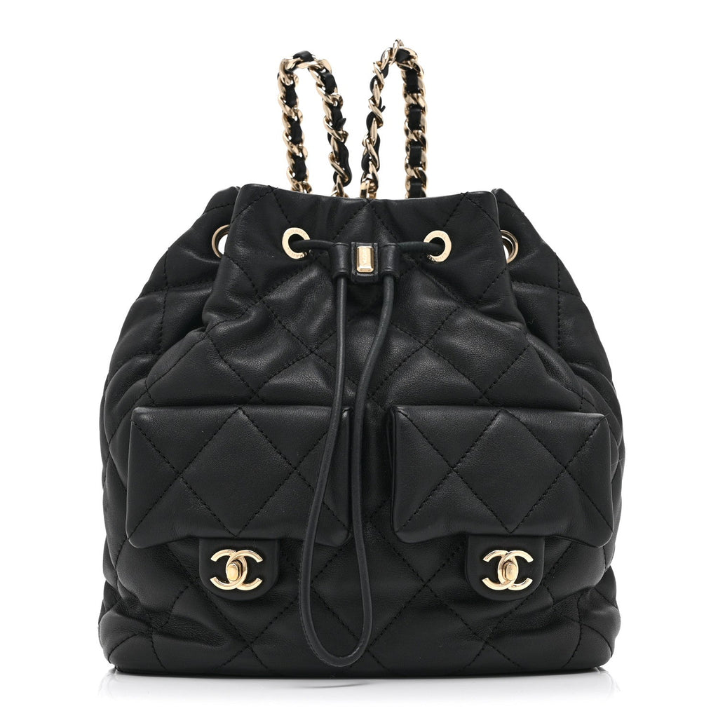 Chanel Lambskin Quilted Double Pocket Drawstring Backpack Black
