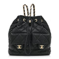 Chanel Lambskin Quilted Double Pocket Drawstring Backpack Black