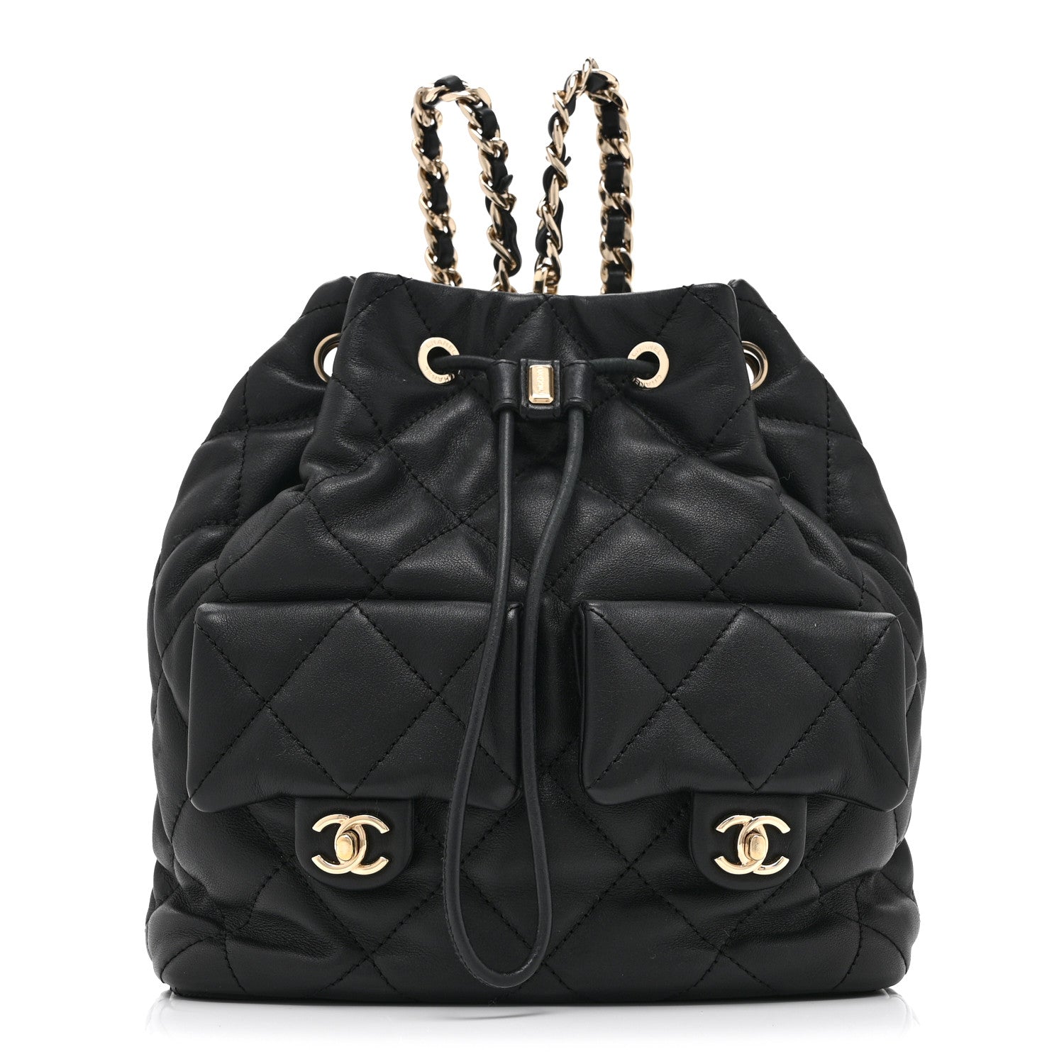 Chanel Lambskin Quilted Double Pocket Drawstring Backpack Black