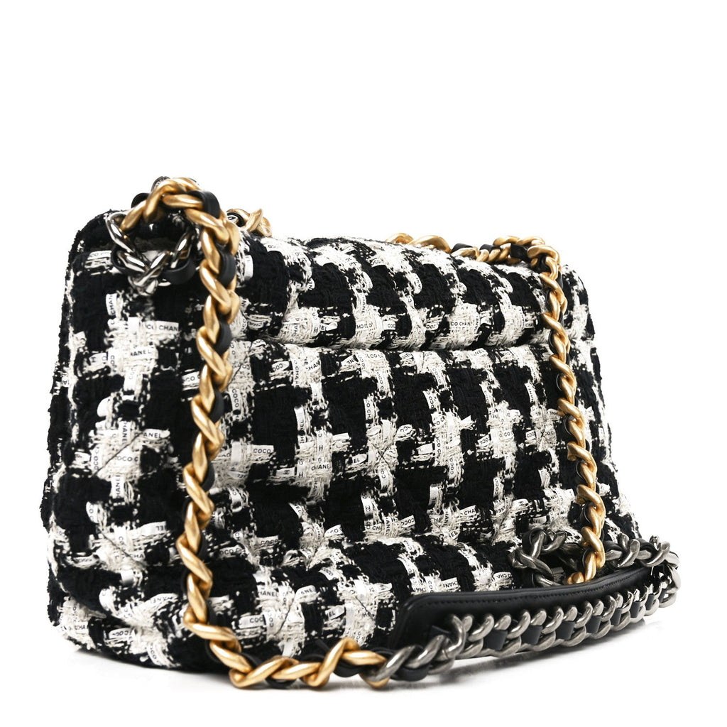 Chanel Tweed Quilted Large Chanel 19 Flap Black Ecru White