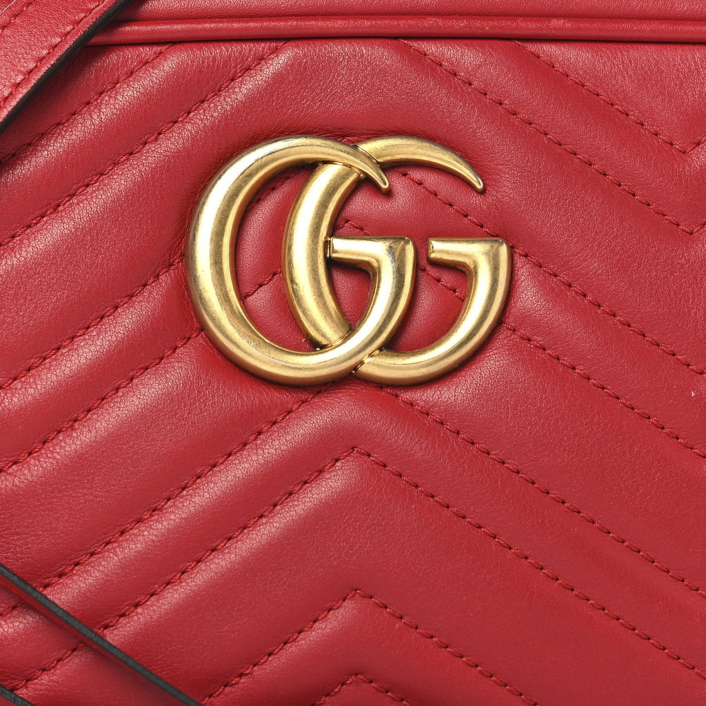 Gucci Calfskin Matelasse Small GG Marmont Chain Shoulder Bag Hibiscus Red