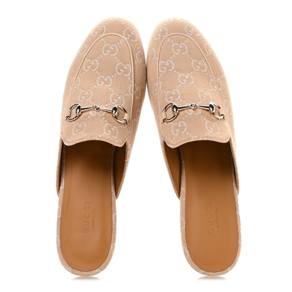 Gucci Summer Denim GG Malaga Kid Womens Princetown Slippers 39.5 Souffle Rose