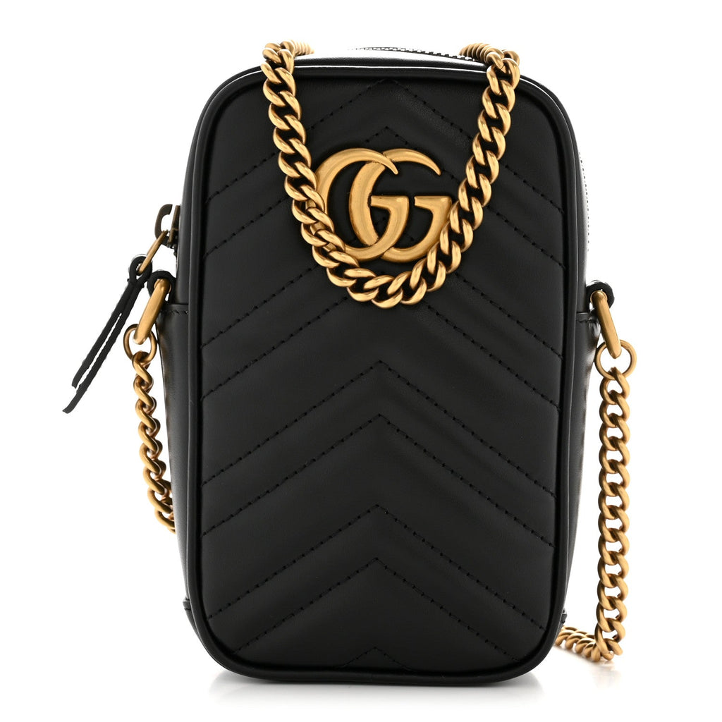 Gucci Calfskin Matelasse Mini GG Marmont Crossbody Bag Black