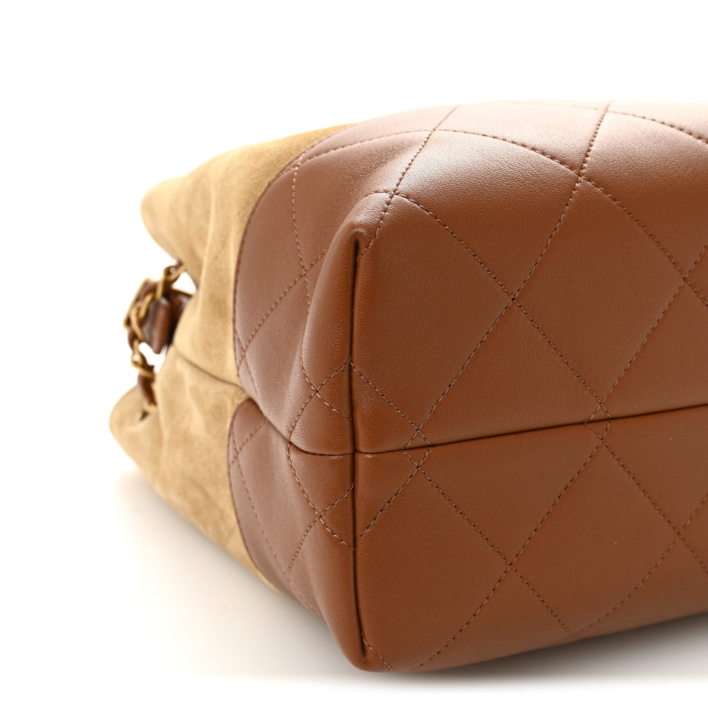 Chanel Suede Calfskin Shiny Lambskin Quilted Small Coco Base Shopping Bag Beige Brown