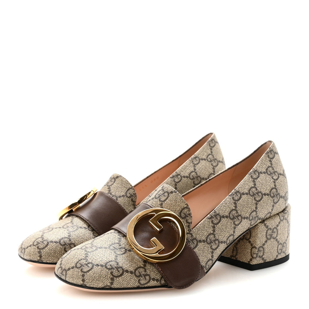Gucci GG Supreme Monogram Malaga Kid Blondie Pumps 35.5 Beige Ebony New Acero