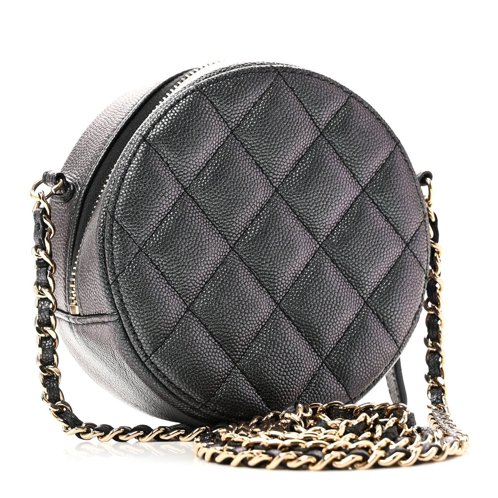 Chanel Iridescent Caviar Quilted Round Clutch With Chain Black