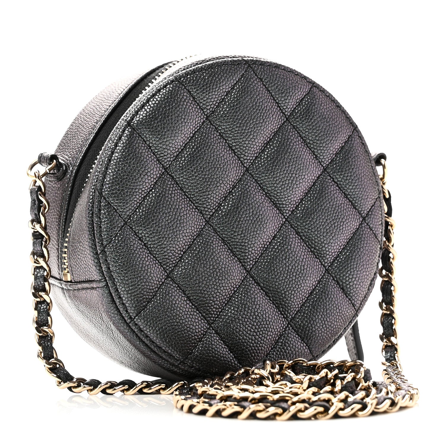 Chanel Iridescent Caviar Quilted Round Clutch With Chain Black