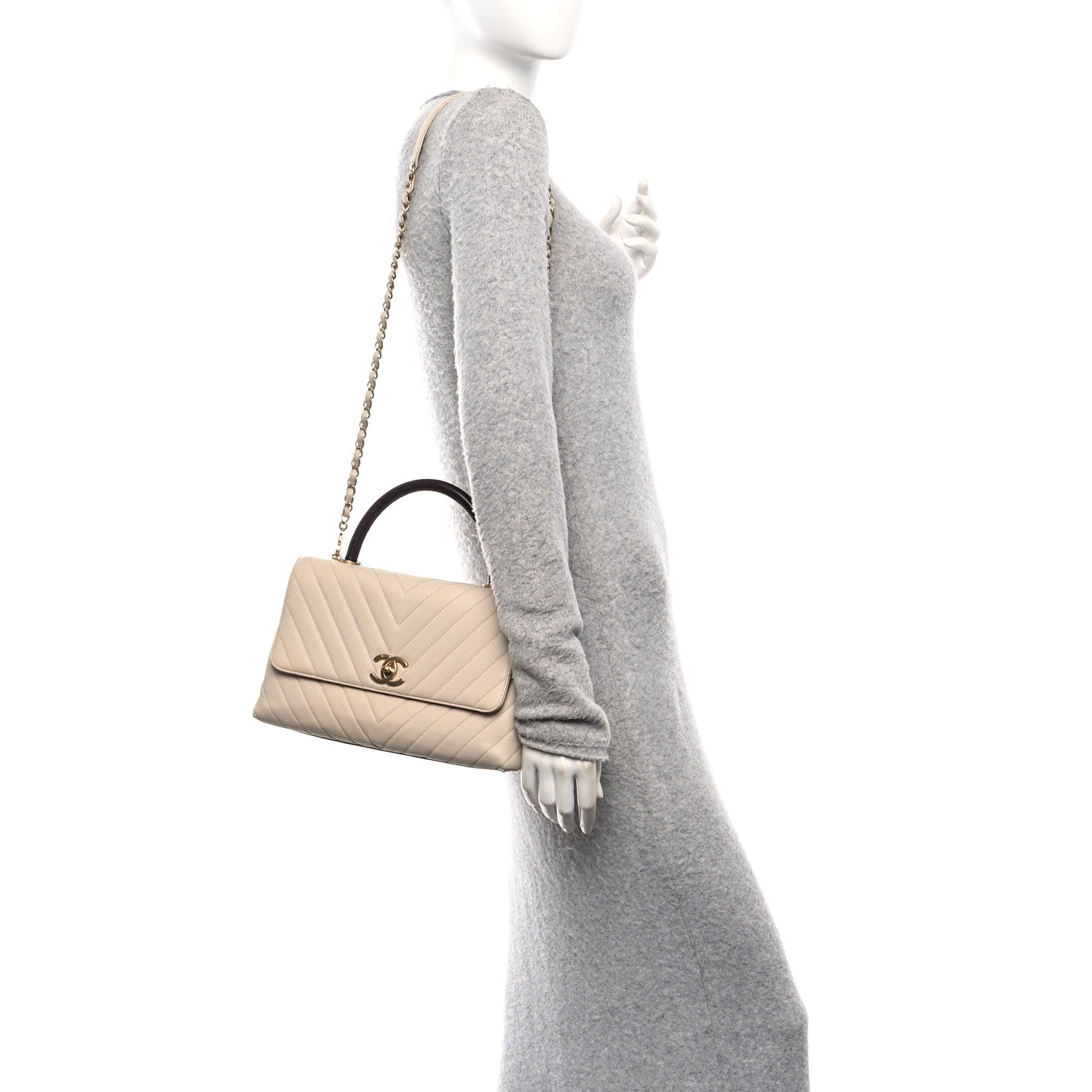 Chanel Caviar Lizard Embossed Chevron Quilted Small Coco Handle Flap Beige