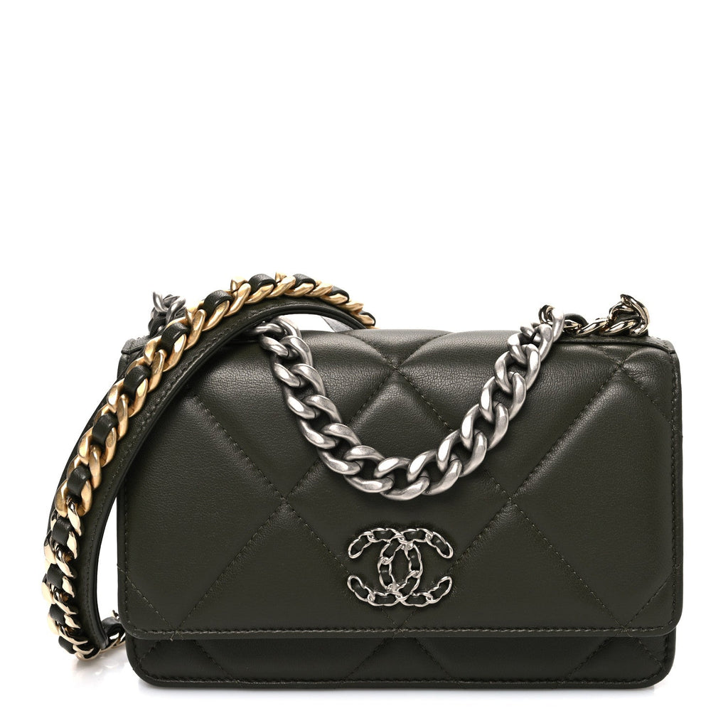 Chanel Lambskin Quilted Chanel 19 Wallet On Chain WOC Dark Green