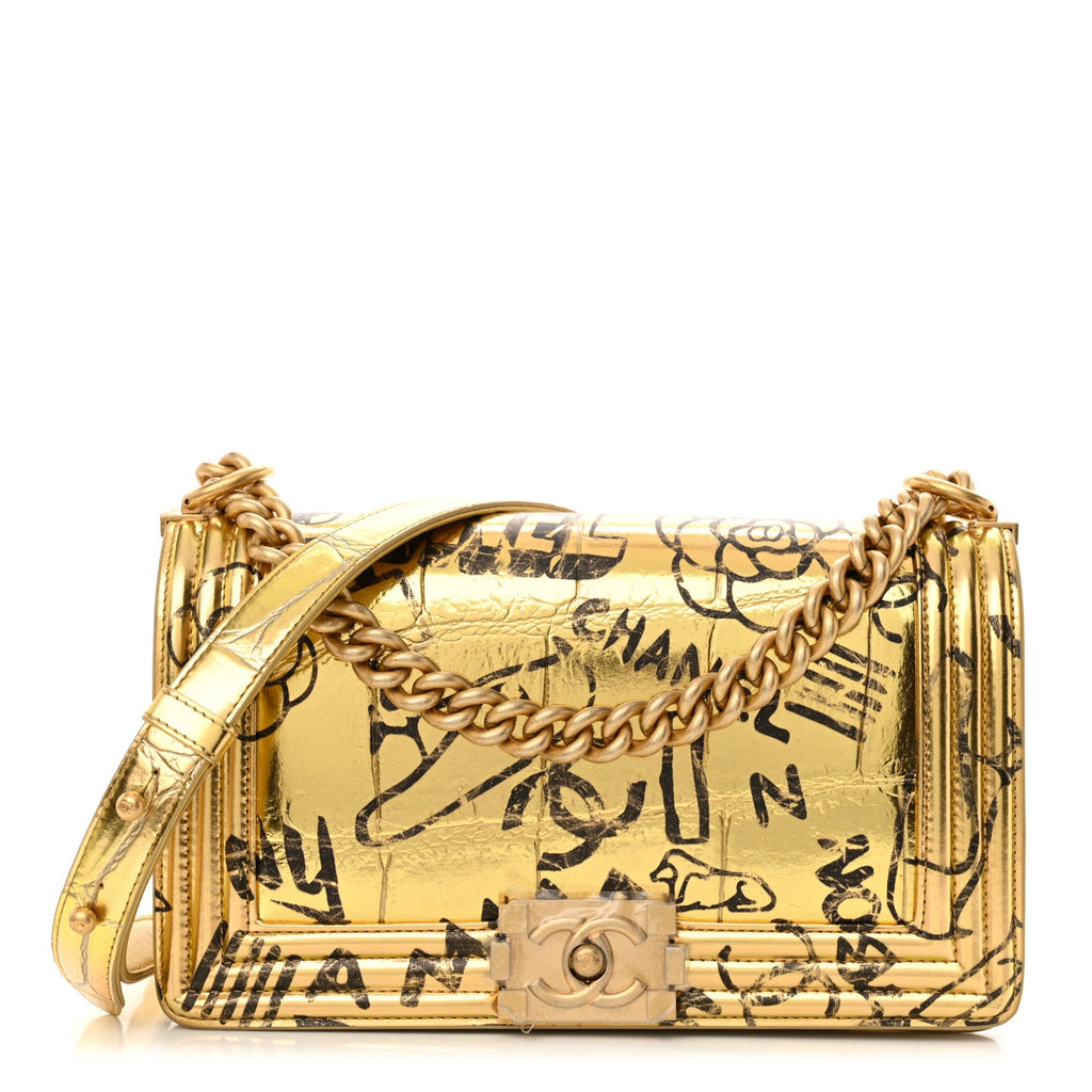 Chanel Metallic Calfskin Crocodile Embossed Graffiti Medium Cocodile Boy Flap Gold