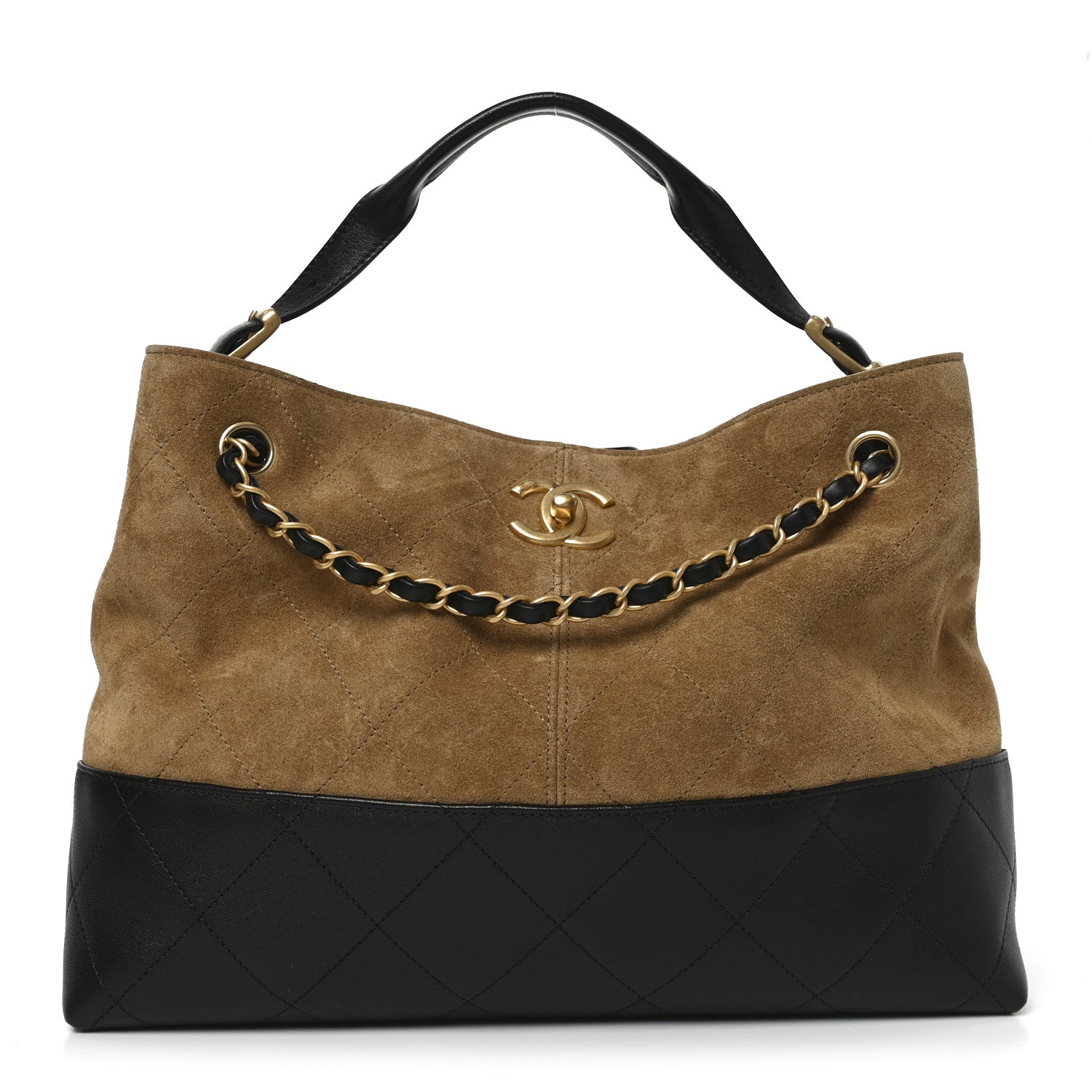Chanel Suede Calfskin Shiny Lambskin Quilted Small Coco Base Shopping Bag Beige Black