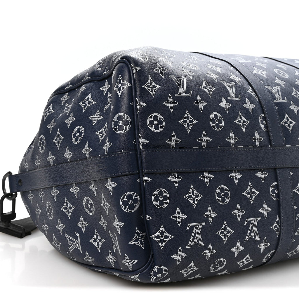 Louis Vuitton Calfskin Shadow Monogram Keepall Bandouliere 50 Ink Blue White