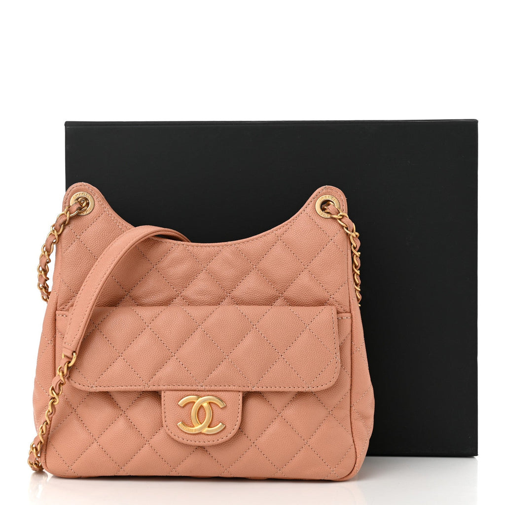 Chanel Caviar Quilted Wavy CC Hobo Beige