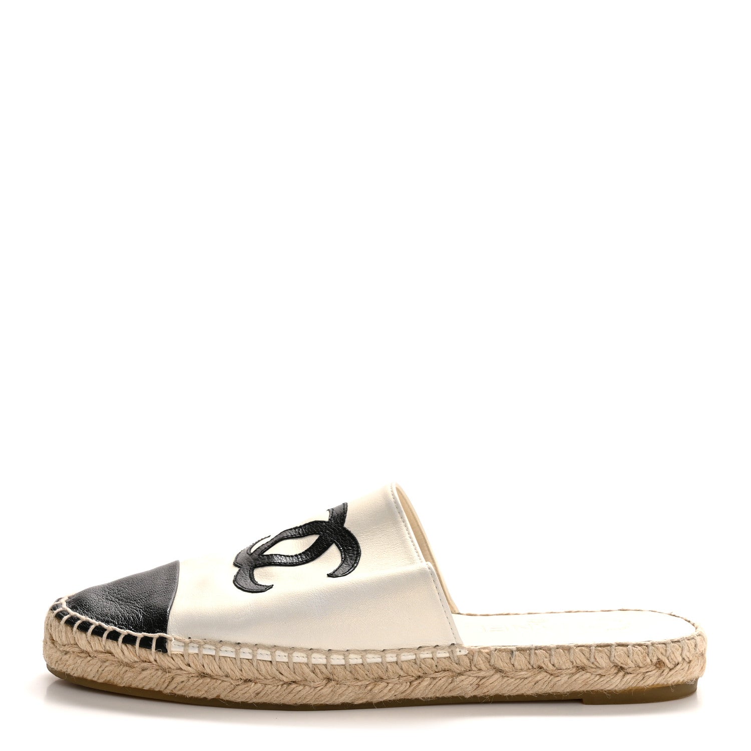 Iridescent Goatskin CC Espadrille Mules 39 Ivory Black
