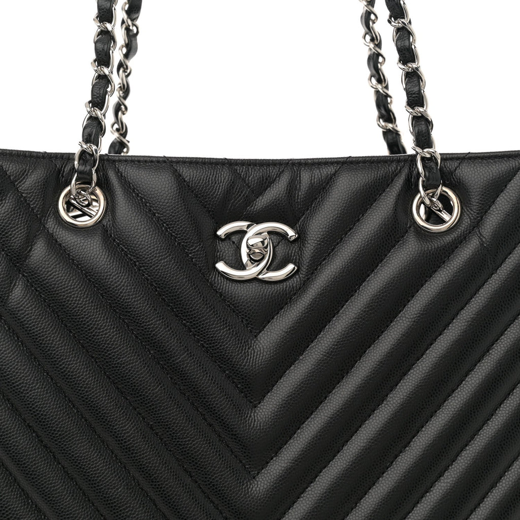 Chanel Caviar Chevron Quilted Large Shopping Tote Tote Black
