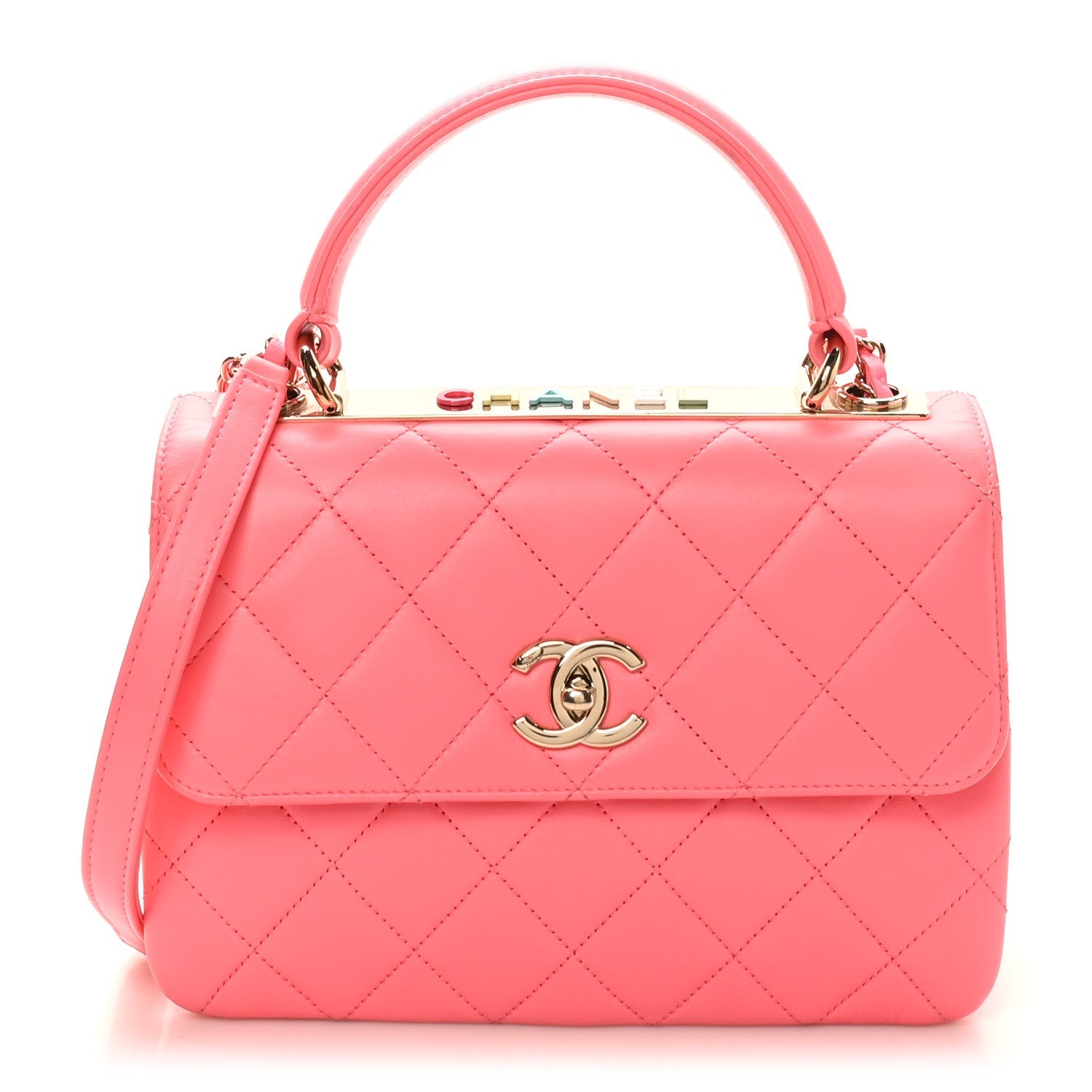 Chanel Lambskin Lacquered Quilted Mini Trendy CC Dual Handle Flap Bag Coral Pink