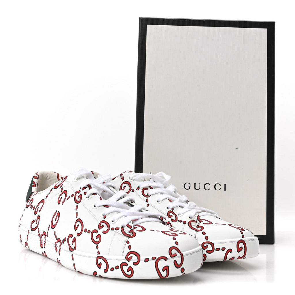 Gucci Calfskin GucciGhost Print Womens Ace Sneakers 40.5 White Hibiscus Red