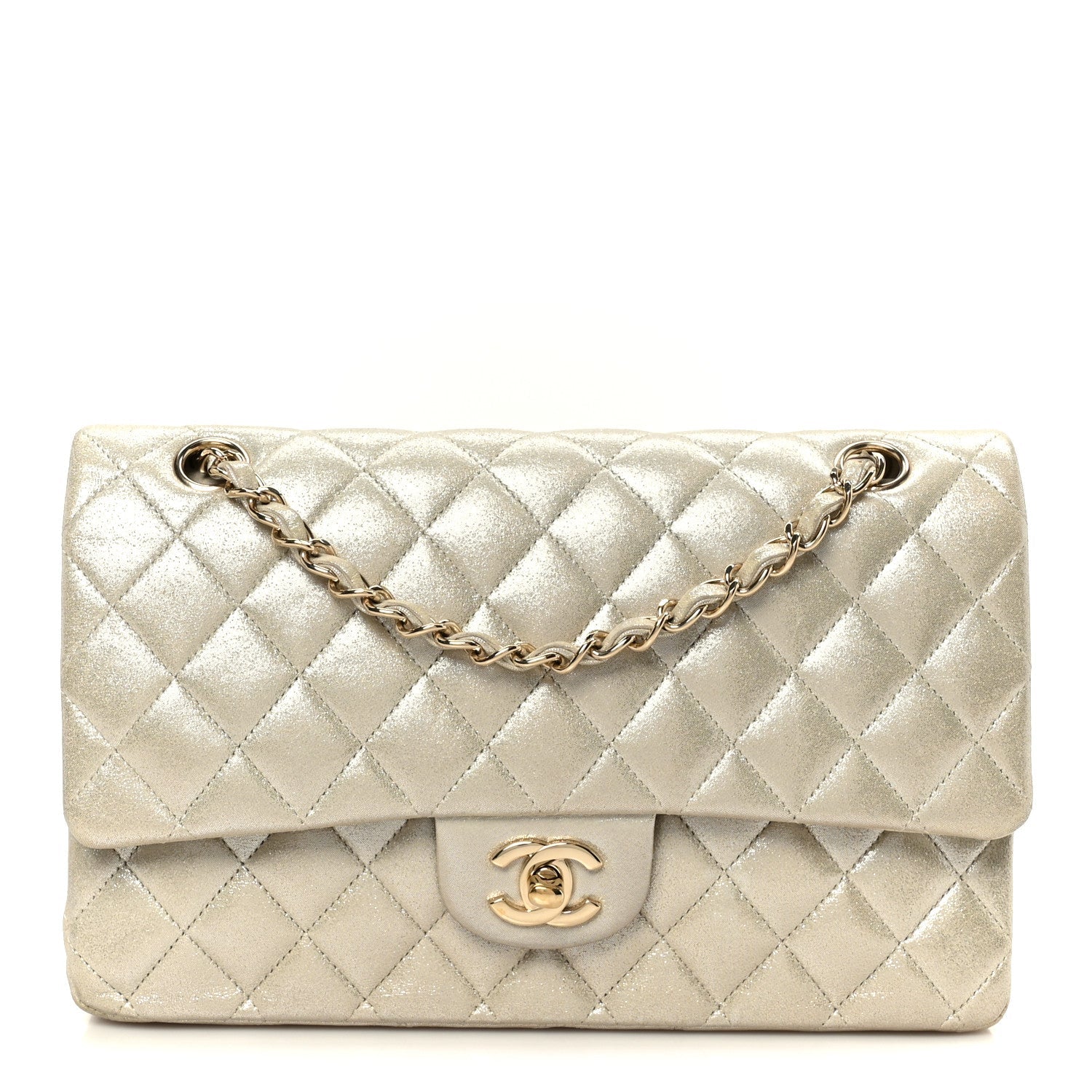 Chanel Metallic Canvas Quilted Medium Double Flap Light Gold