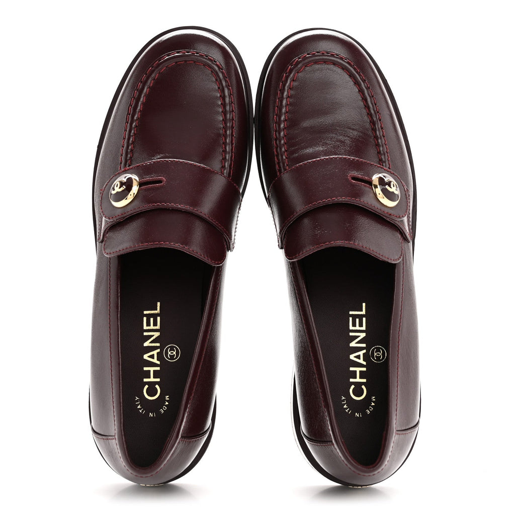 Chanel Shiny Calfskin CC Mocassin Loafers 39 Burgundy
