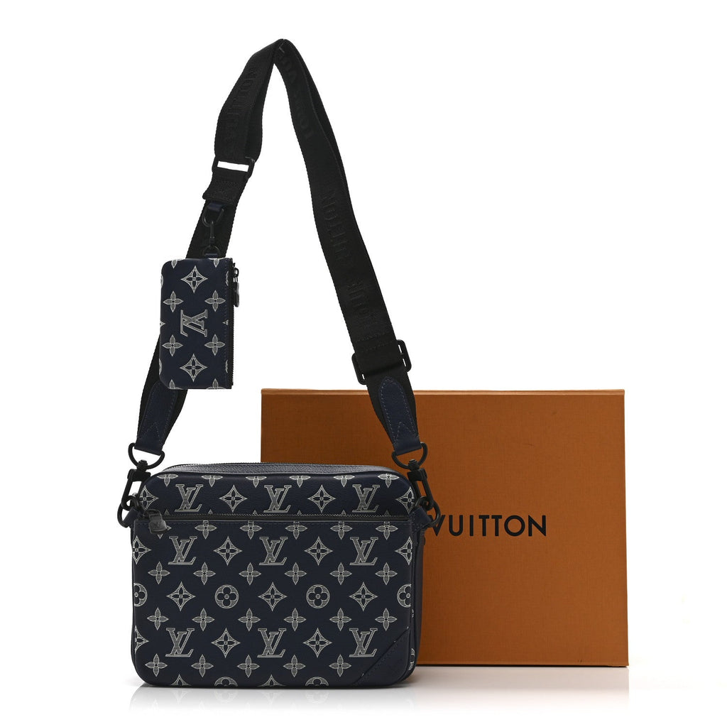 Louis Vuitton Calfskin Monogram Shadow Trio Messenger Navy White