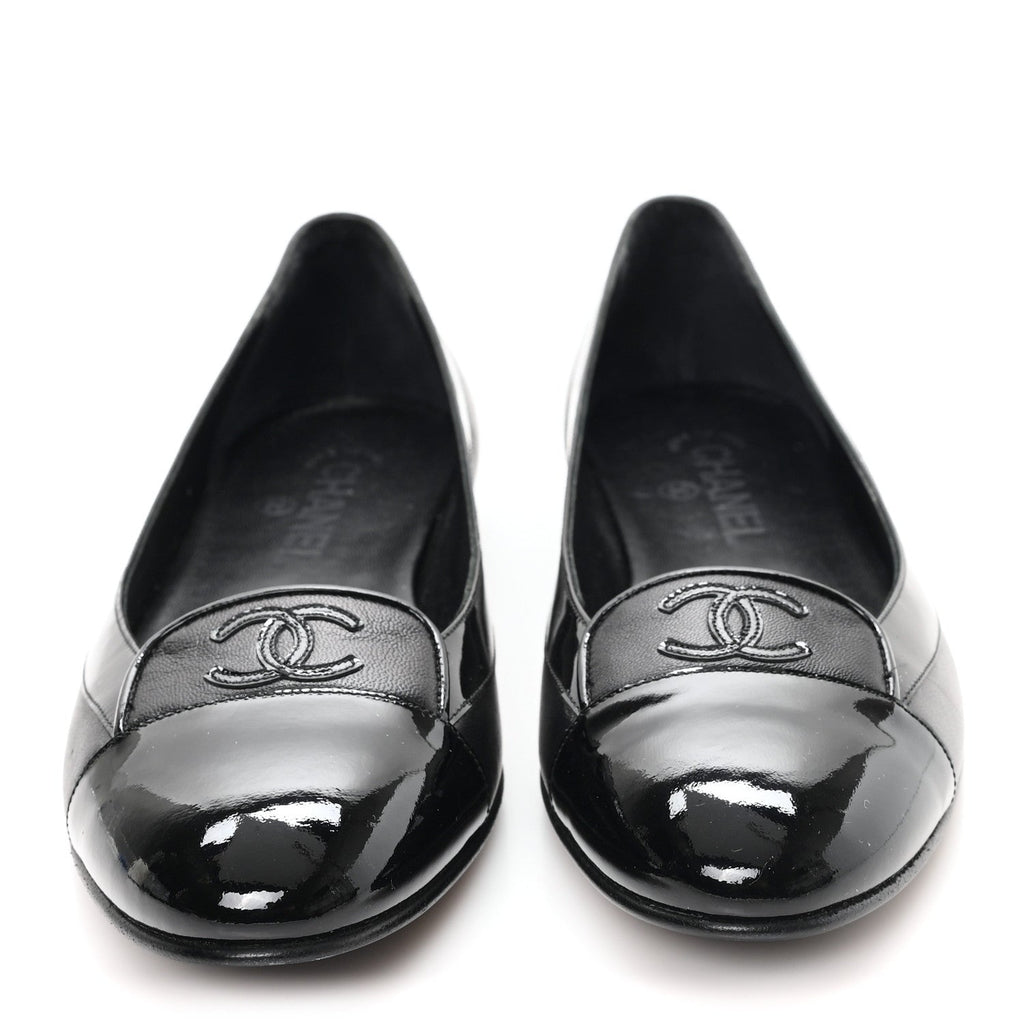 Calfskin Patent Cap Toe Ballerina Flats 38.5 Black